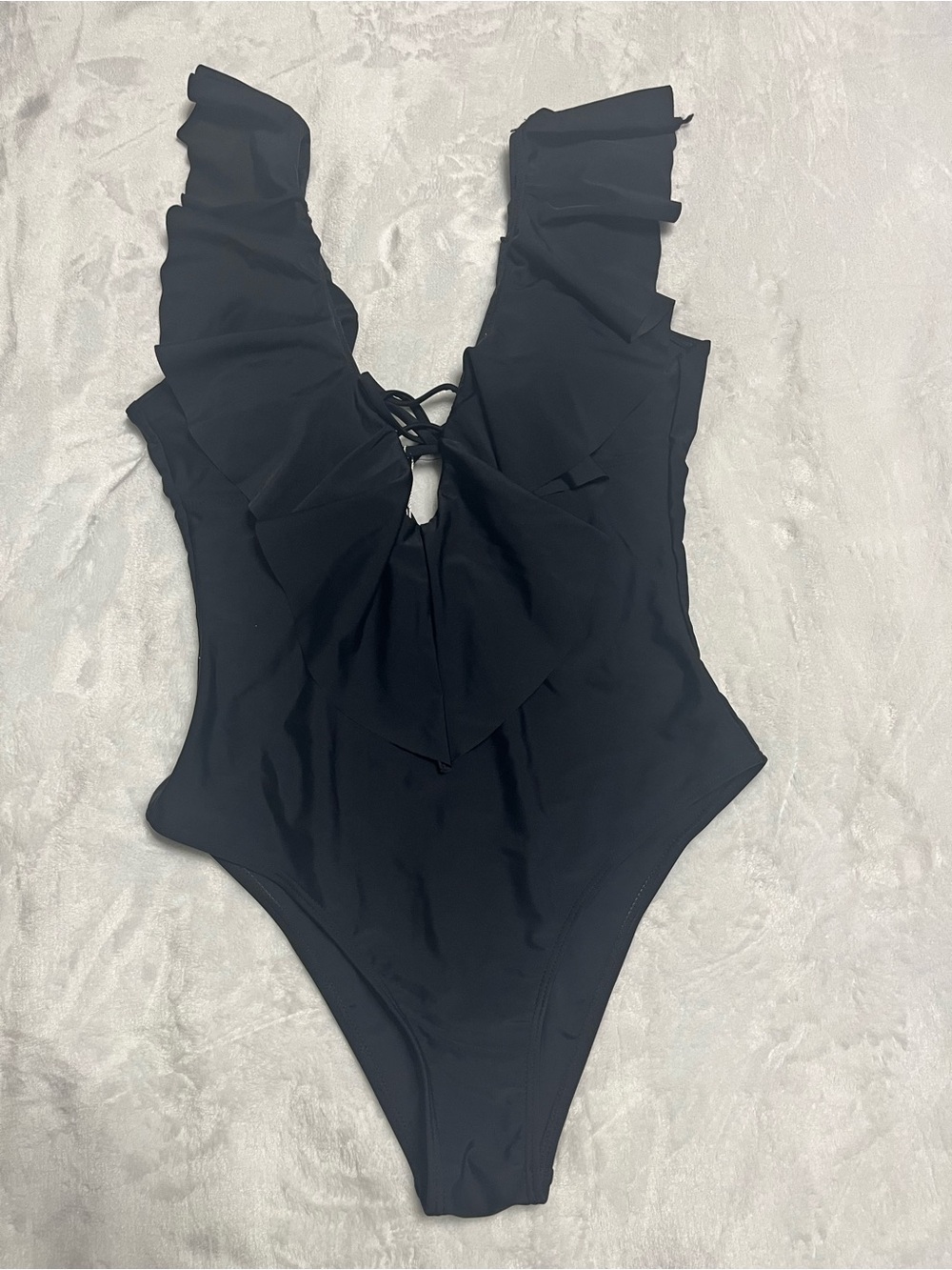 Sporlike Black Ruffle V-Neck One-Piece Swimsuit Back Tie Plunge Vacation Size S